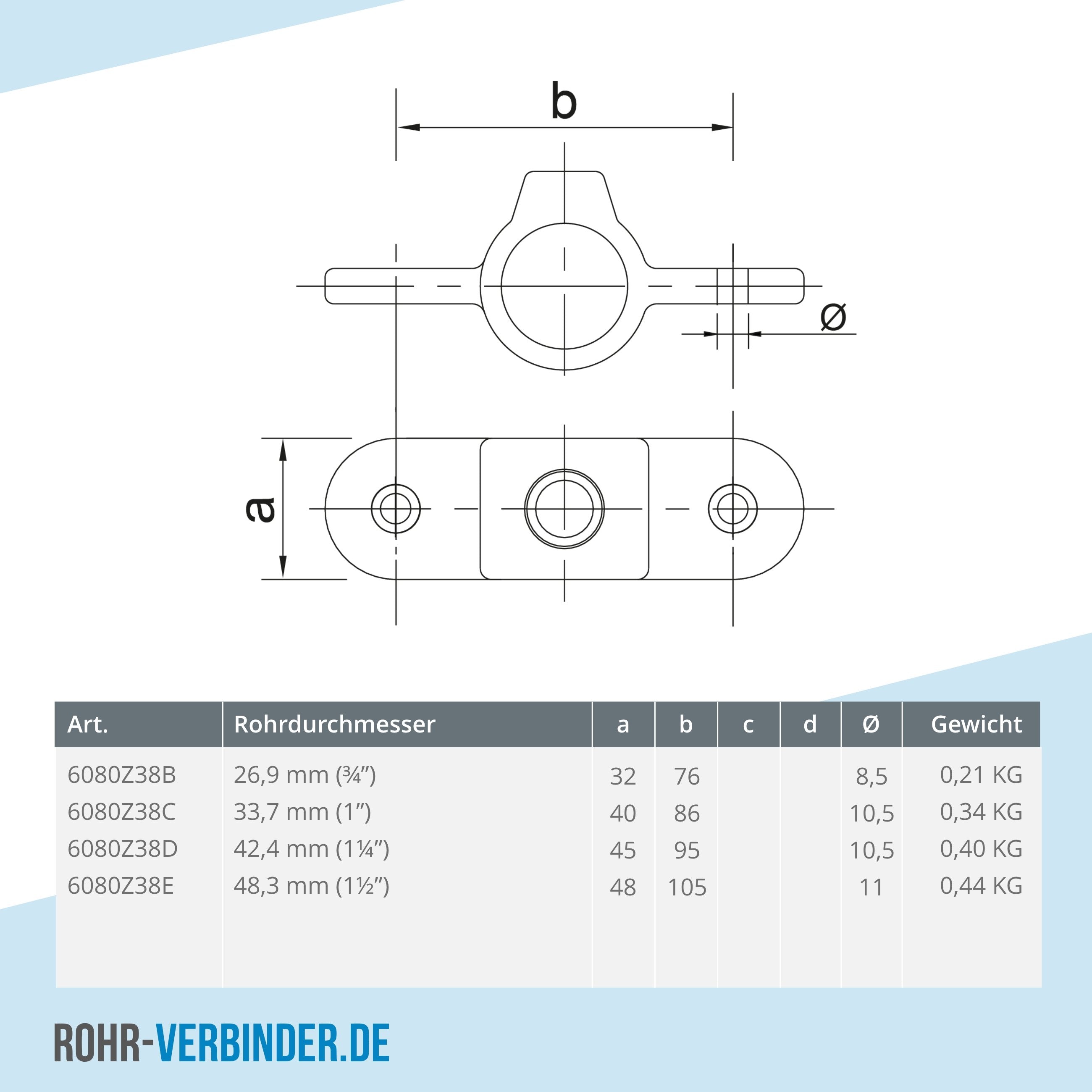 Gelenkauge doppelt 180º schwarz 42,4 mm | technische Zeichnung | Rohrverbinder | Schnelle Lieferung | Rohr-verbinder.de