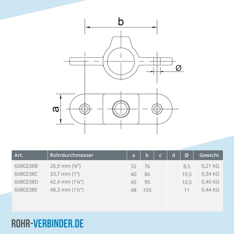 Gelenkauge doppelt 180º schwarz 42,4 mm | technische Zeichnung | Rohrverbinder | Schnelle Lieferung | Rohr-verbinder.de