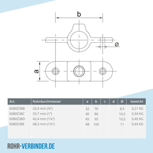 Gelenkauge doppelt 180º schwarz 48,3 mm | technische Zeichnung | Rohrverbinder | Schnelle Lieferung | Rohr-verbinder.de