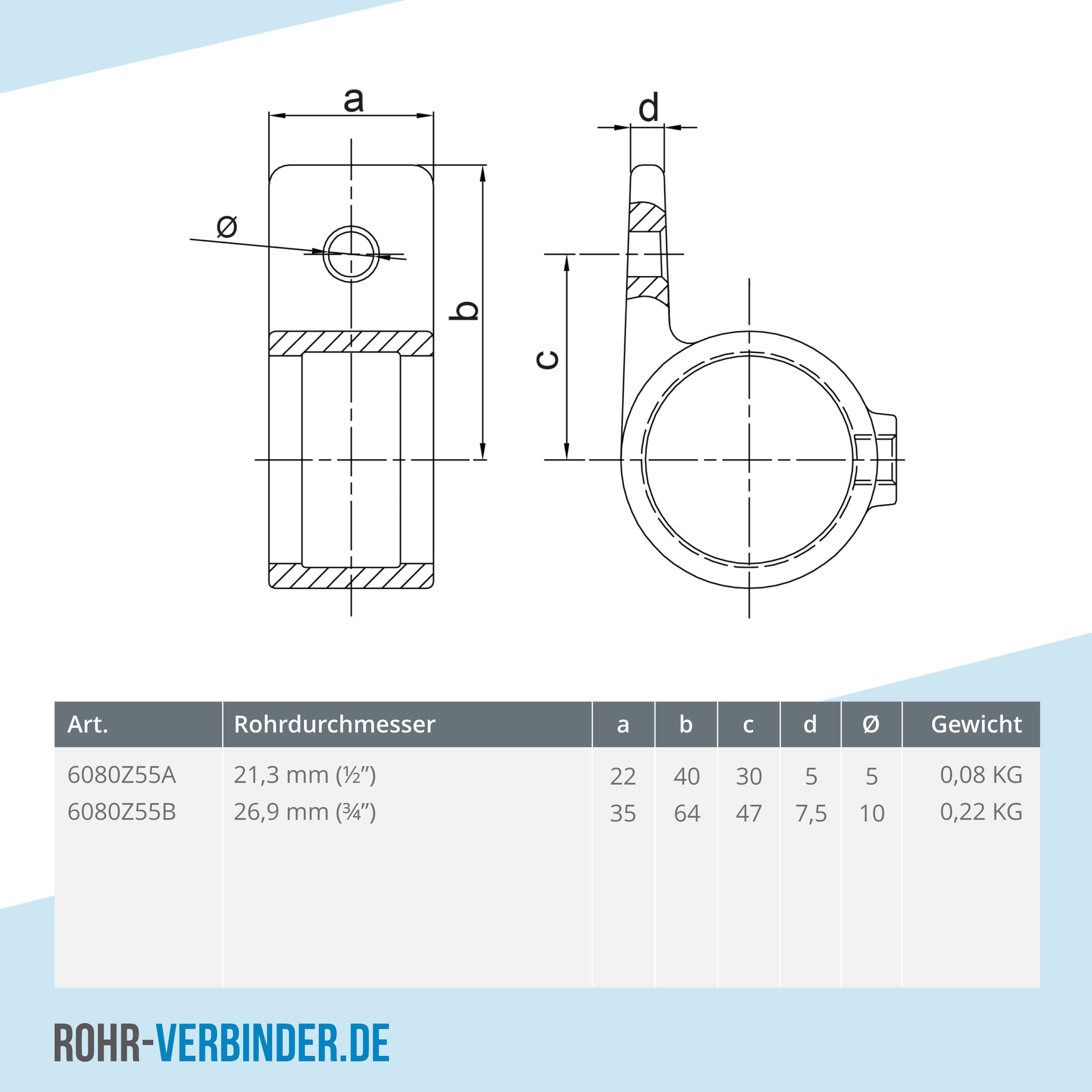 Ösenteil mit Einzellasche schwarz 26,9 mm | technische Zeichnung | Rohrverbinder | Schnelle Lieferung | Rohr-verbinder.de