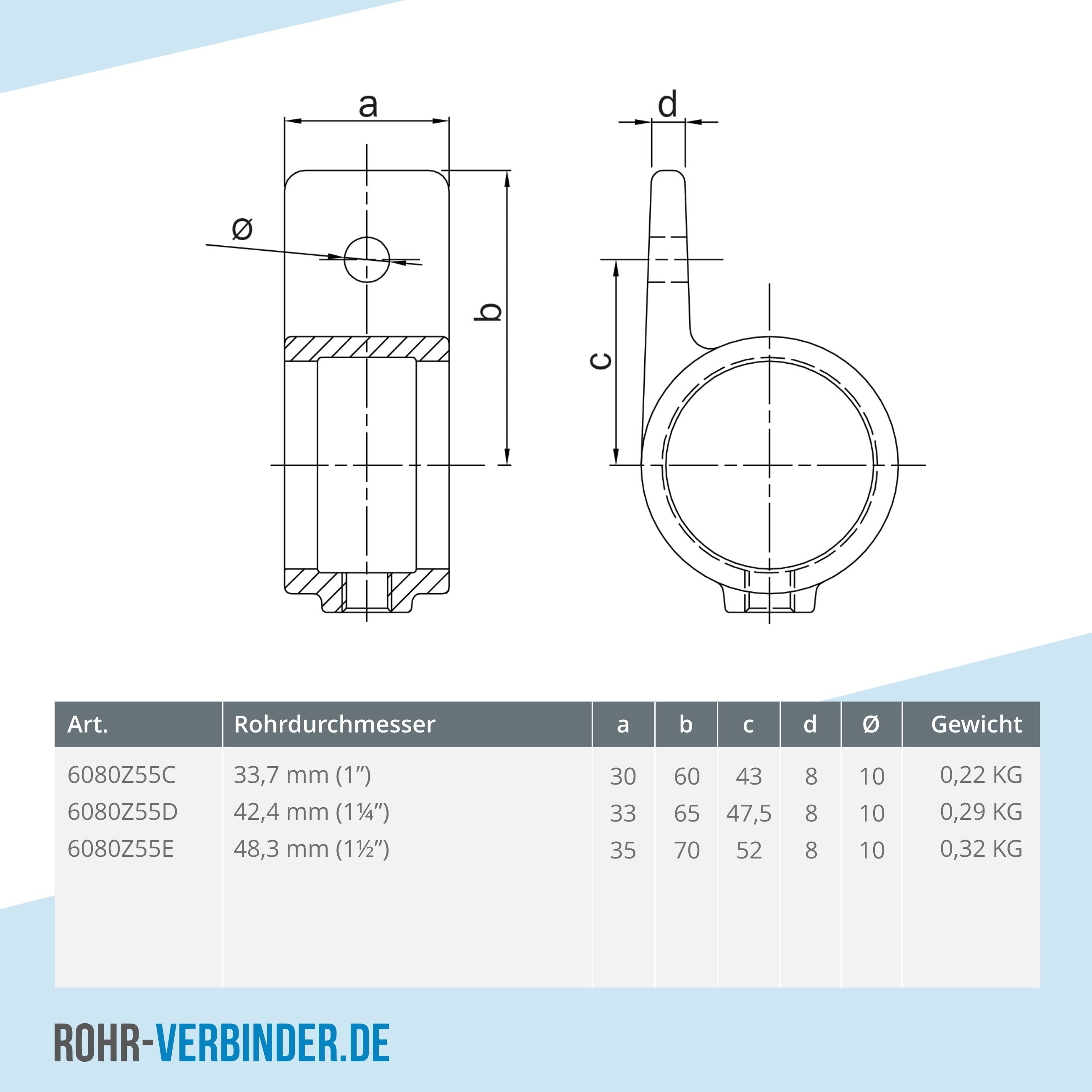 Ösenteil mit Einzellasche schwarz 48,3 mm | technische Zeichnung | Rohrverbinder | Schnelle Lieferung | Rohr-verbinder.de