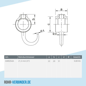 Kleiderhaken schwarz 21,3 mm | technische Zeichnung | Rohrverbinder | Schnelle Lieferung | Rohr-verbinder.de