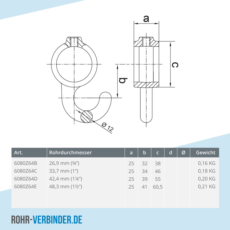 Kleiderhaken schwarz 21,3 mm | technische Zeichnung | Rohrverbinder | Schnelle Lieferung | Rohr-verbinder.de