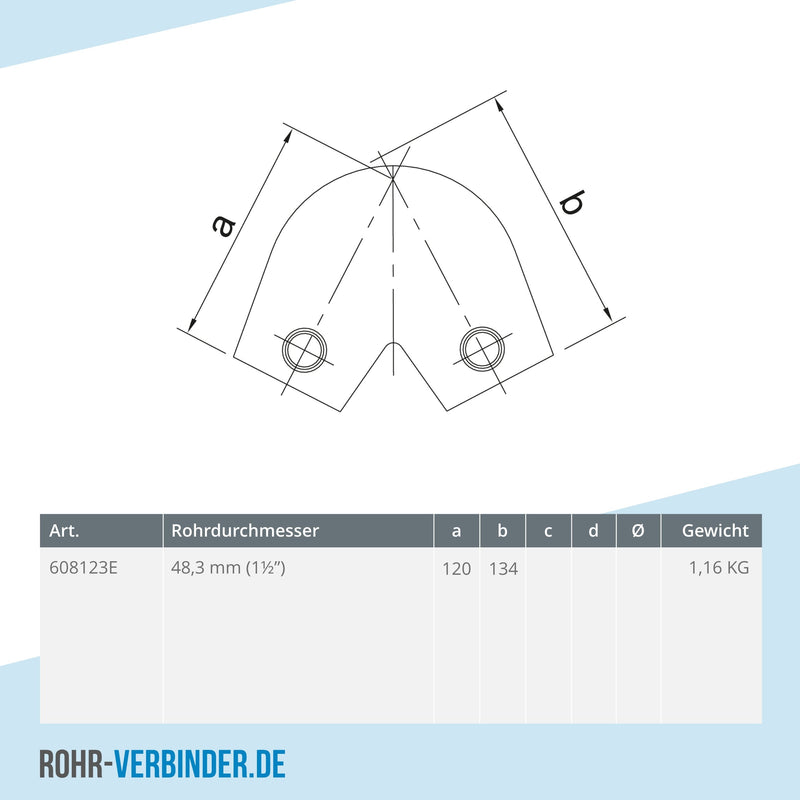 Bogen 40º - 70º 48,3 mm | technische Zeichnung | Rohrverbinder | Schnelle Lieferung | Rohr-verbinder.de