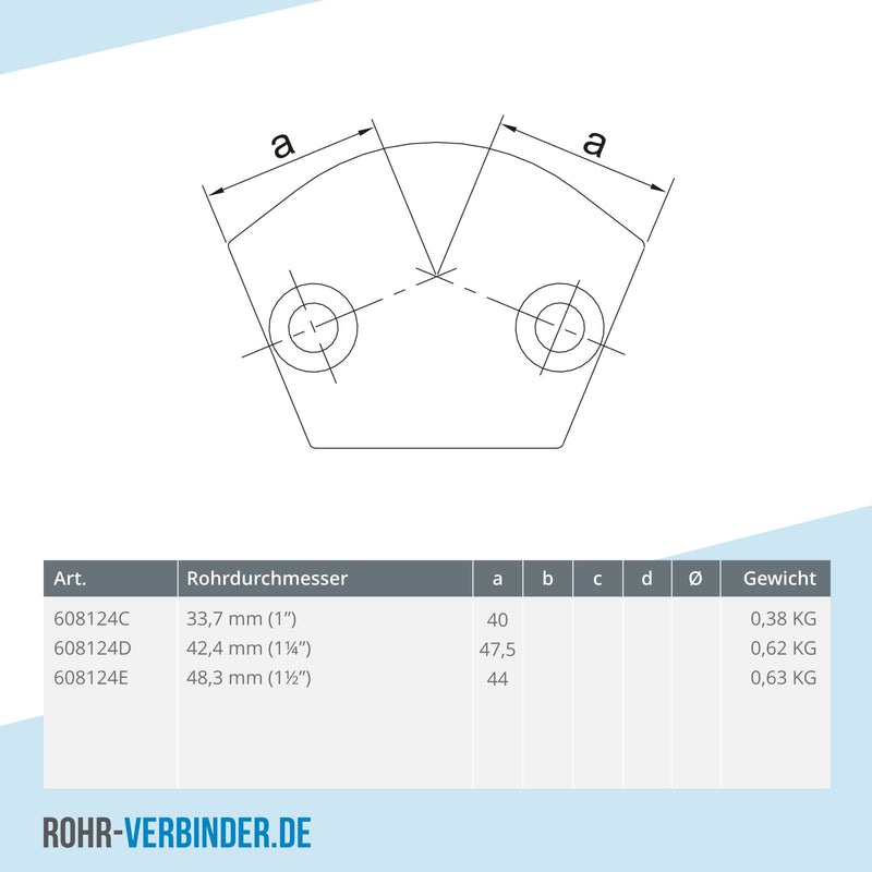 Bogen 105º - 165º 48,3 mm | technische Zeichnung | Rohrverbinder | Schnelle Lieferung | Rohr-verbinder.de