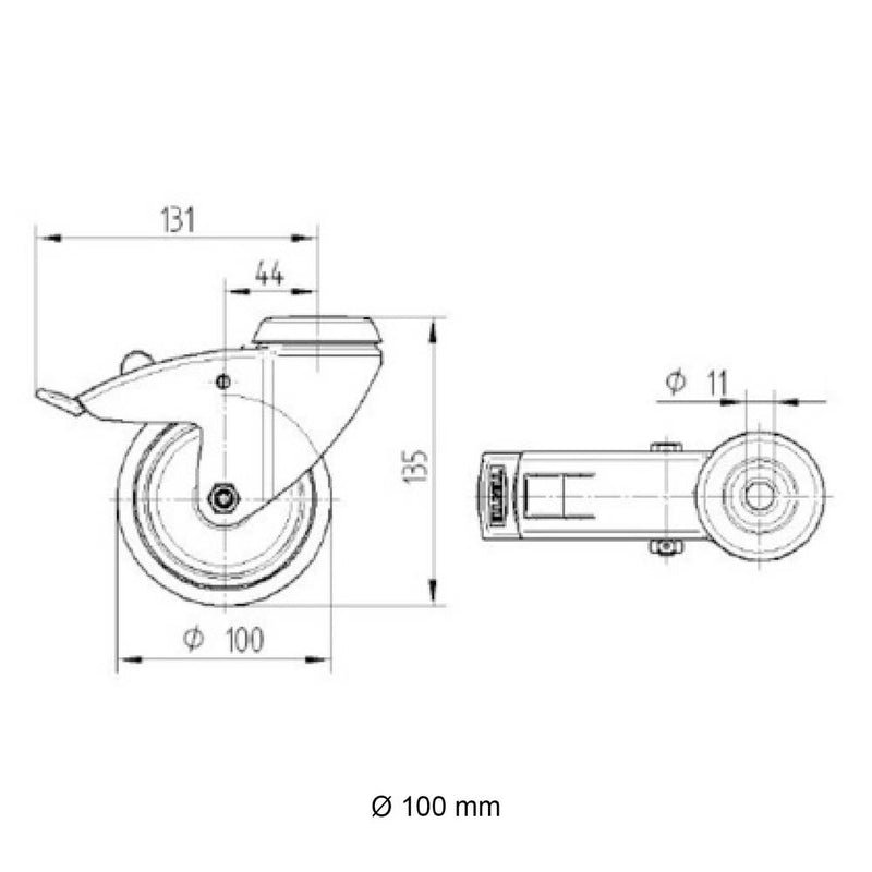 Technische Zeichnung 100 mm Lenkrolle mit Bremse von Tente | Rohr-verbinder.de