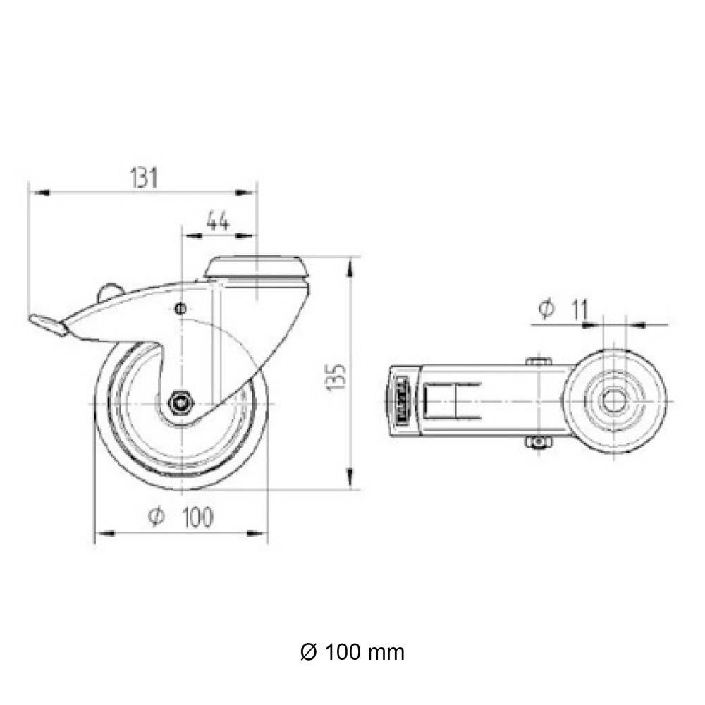 Technische Zeichnung 100mm Lenkrolle mit Bremse von Tente | Rohr-verbinder.de