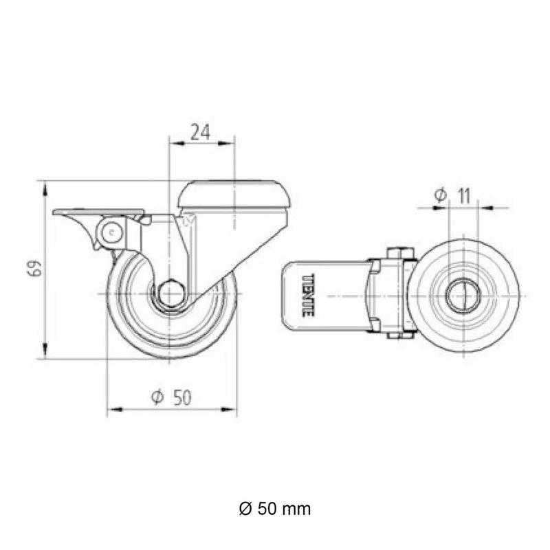Technische Zeichnung 50 mm Lenkrolle mit Bremse von Tente | Rohr-verbinder.de