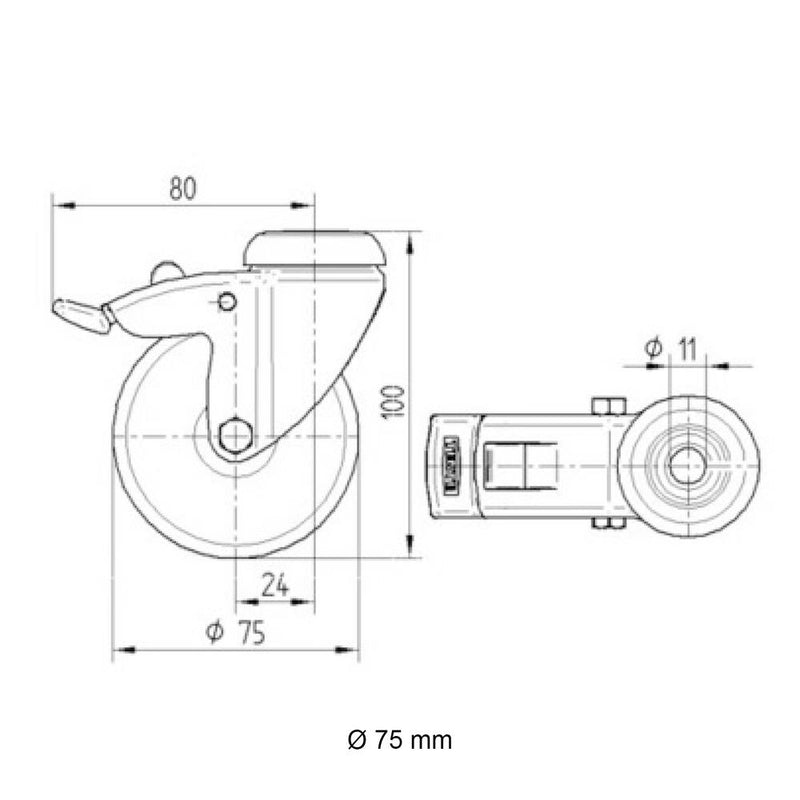 Technische Zeichnung schwarze Lenkrolle mit Bremse von Tente | Rohr-verbinder.de